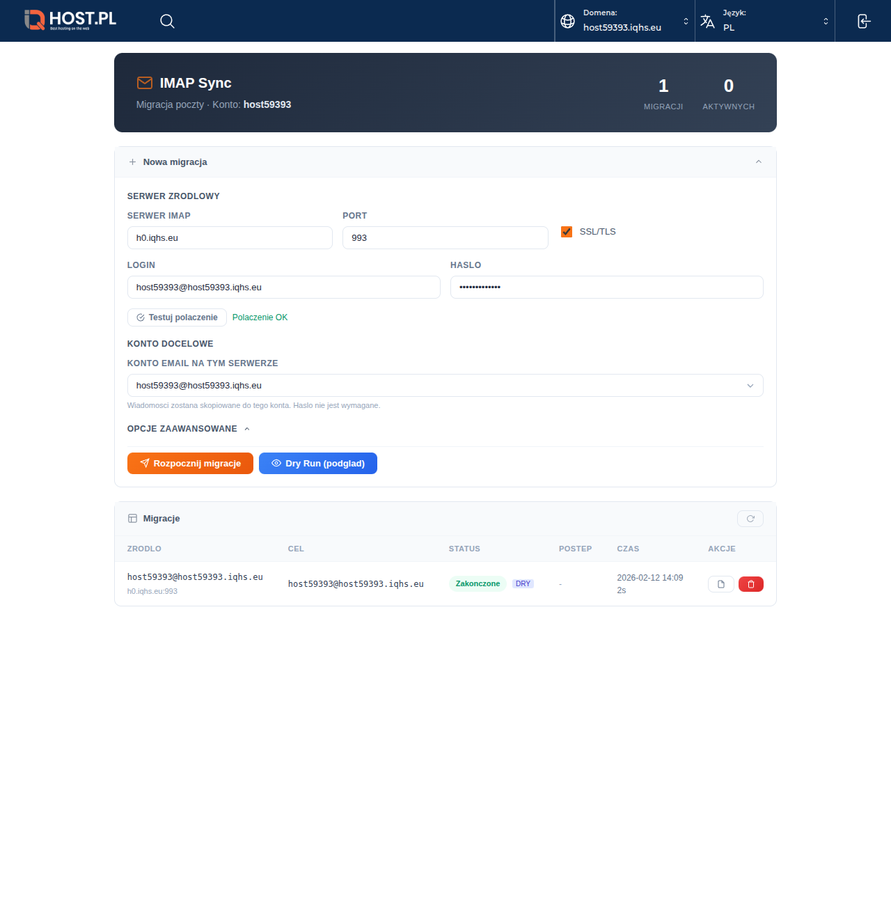 Tabela migracji z zakończonym zadaniem