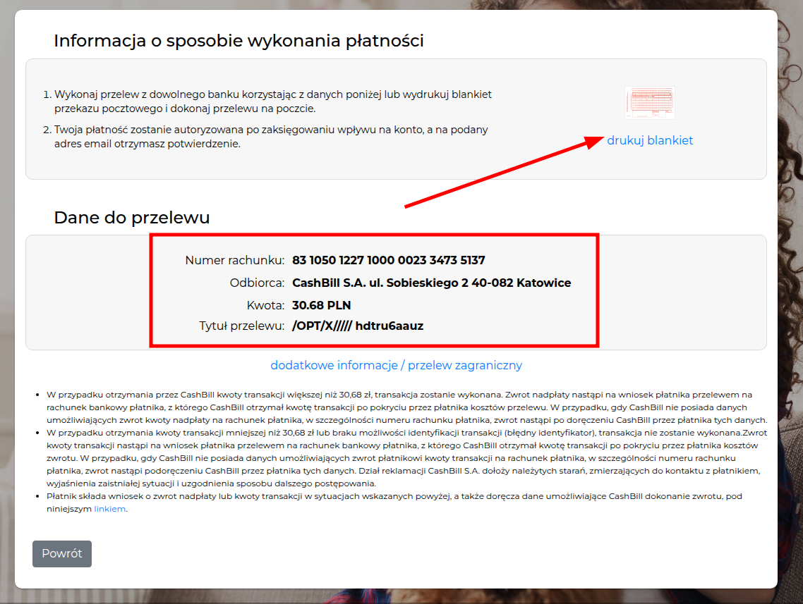Strona z wygenerowanymi danymi do przelewu — skopiuj te dane do swojego banku Dane do przelewu wygenerowane przez bramkę płatniczą